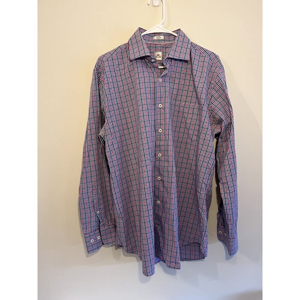Peter Millar men’s button up shirt Blue And Pink Gingham Print Mens Large